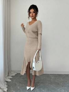 Elenzga 女士纯色优雅蝙蝠袖毛衣和针织裙两件套 - 駝色 - 查看 5
