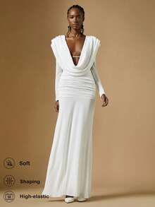 Briarwyn 女士优雅性感派对连衣裙，纯色深垂领褶饰修身鱼尾下摆长裙 - 白色 - 查看 7