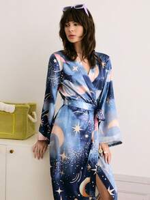 Chillnights Women Fashion Moon, Star & Cloud Print Satin Belted Robe, Fall & Winter - Navy Blue - View 5