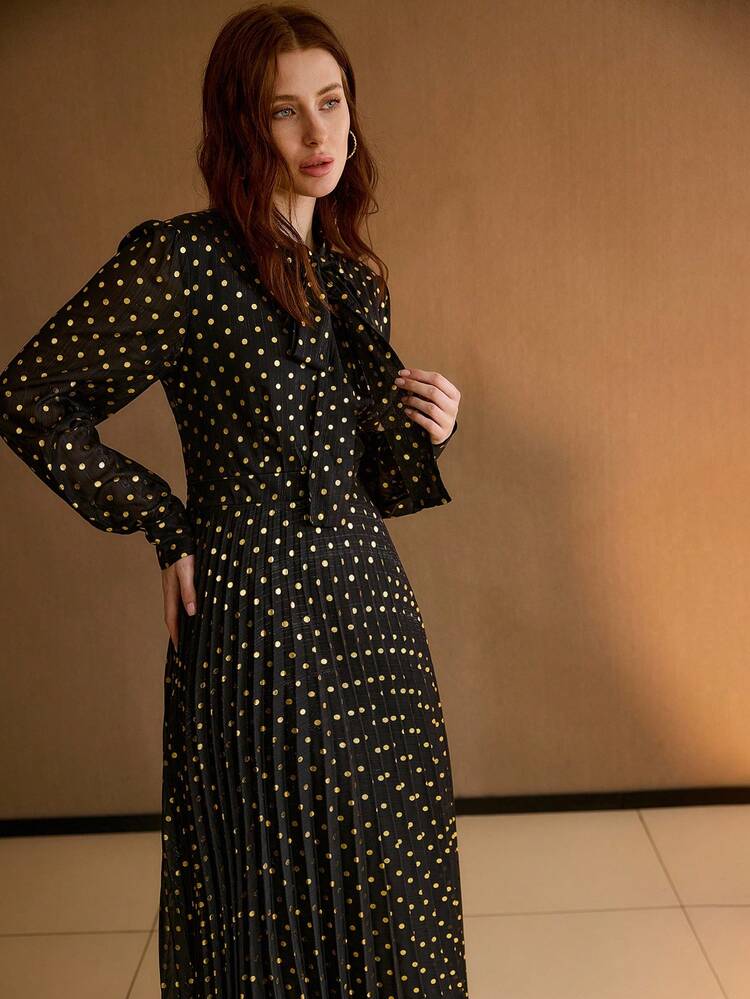GOLD POLKA DOT ALLOVER PRINT TIE NECK PLEATED HEM DRESS , OLD MONEY