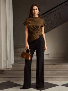 ZEYLAH Women's Silk Bat Sleeve Blouse With Waist Ruching, Elegant And Versatile - Brown - View 4