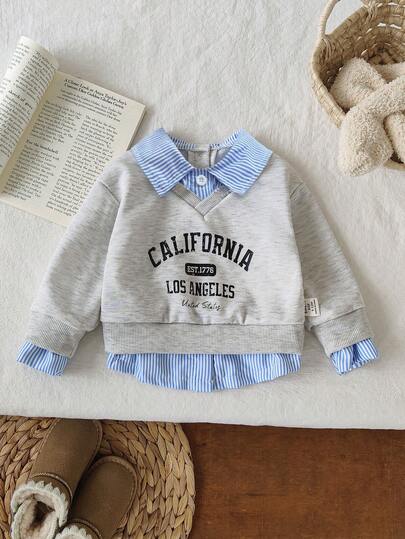 SHEIN Sudadera casual con cuello de camisa y estampado de letras para niña bebé