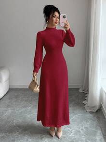 Elenzga 女式纯色高领独特设计修身腰部优雅休闲长袖针织毛衣裙，适合秋冬季 - 酒紅色 - 查看 6