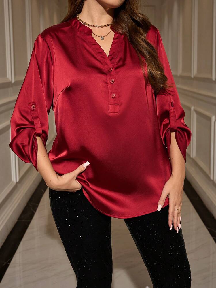 Plus Size Elegant Commuter Solid Color Notch Collar Shirt Red Blouse  New Year Elegant Women Chic Blouses For Women Floral Shirt/ Silk Blouse Satin Shirt Satin Blouses For Women Satin Tops For Women Red Blouse Women Plus,Spring/Summer/Vacation