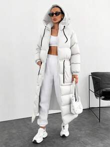 SHEIN Cottnline Waterproof, Keep Warm Feature, Double Colored Drawstring Detailed, Puffer Wintercoat - White - View 3
