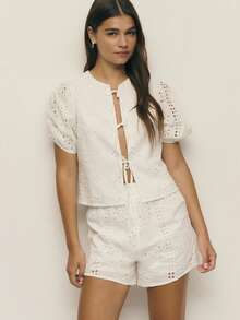 Nöista Off-White Summer Elegant Vacation Holiday Broderie Anglaise Crop Top & High-Waist Eyelet Shorts Set,Cotton Puff Sleeve Tie-Front Top 2pcs Outfit - White - View 8