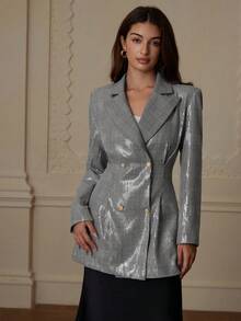 GENKIRA Autumn Elegant Sequin Embellished Lapel Double-Breasted Blazer, British Style - Multicolor - View 5