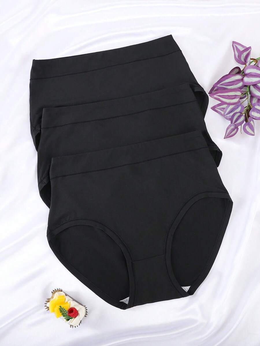 SHEIN 3pcs/Pack Plus Size Women's Comfortable Solid Color Panties - Black - View 1