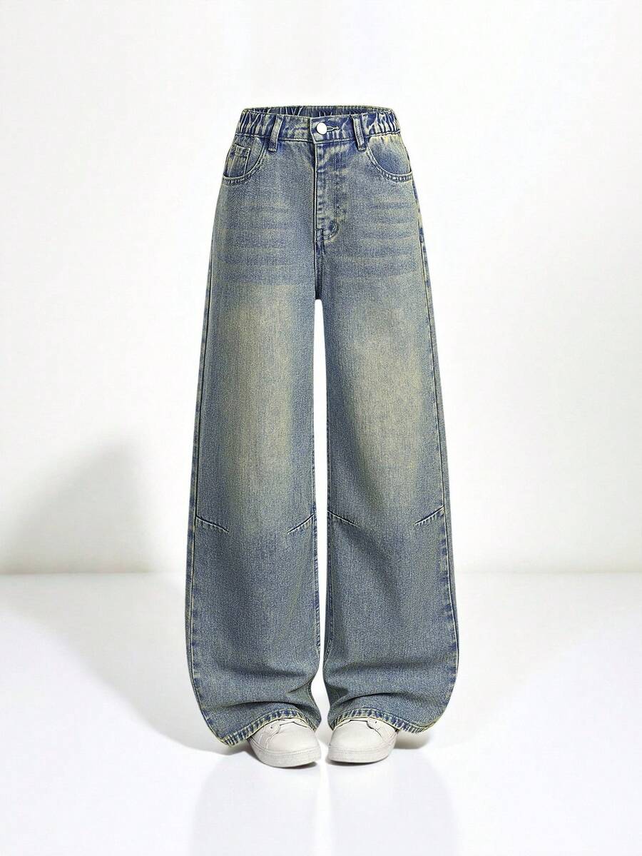 SHEIN Casuvi Kids 时尚黄色撞色缝线设计水洗蓝直筒宽松休闲阔腿牛仔裤，适合少女穿着，春、秋、冬三季休闲外出及户外穿着。 - 深色水洗藍 - 查看 1