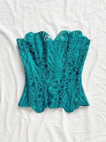 Soleia Áo corset ren hai lớp họa tiết xương cá kiểu dáng châu Âu và Mỹ dành cho giới trẻ, gợi cảm, phá cách, màu xanh ngọc lam, khoét rỗng và thêu họa tiết. - màu xanh lá - Xem 3