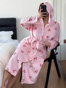 SHEIN Plus Size Women Cherry Print Hooded Belted Robe, Cozy For Autumn/Winter , Fluffy - Baby Pink - View 1