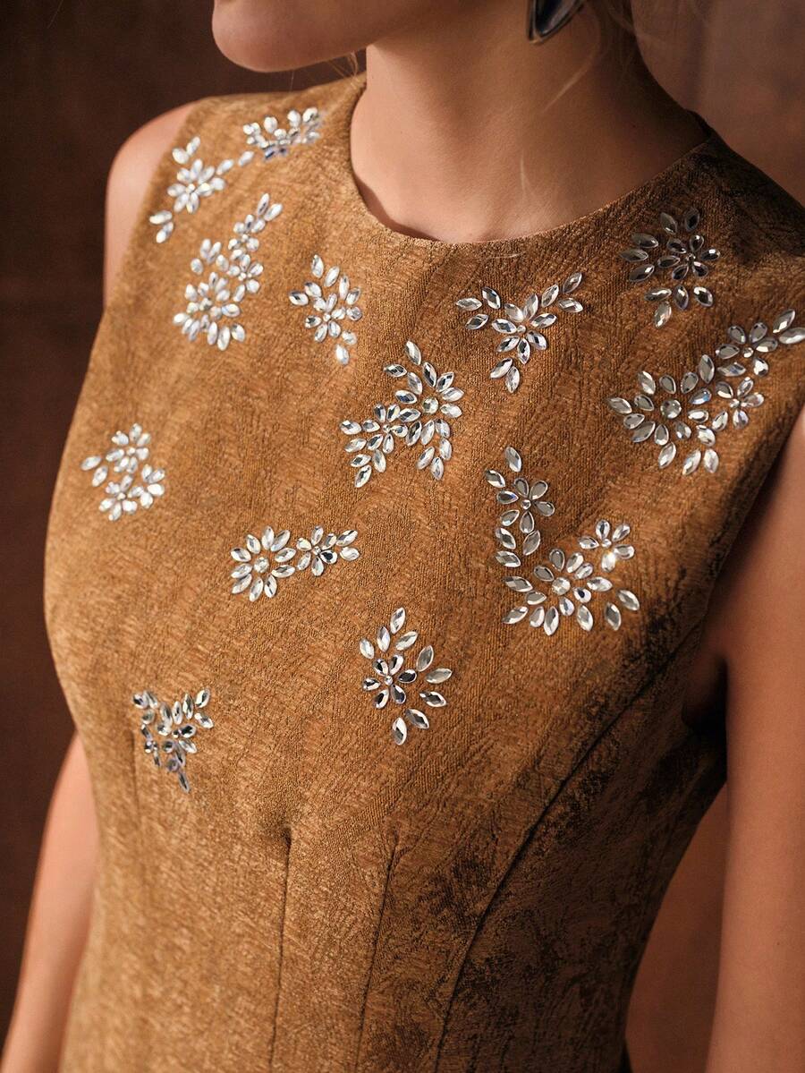 MOTF PREMIUM WOMEN'S RHINESTONE EMBELLISHED MINI DRESS, AUTUMN/WINTER - Brown - View 2