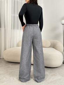 SHEIN Tall 教师装女装灰色褶裥优雅长裤带口袋，秋冬灰色高腰阔腿裤宽松大码裤商务职业女装宽松阔腿裤秋季女装冬季女装外出下装