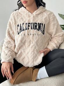 Solflare Plus Size Women Embroidered Letter Pattern Drop Shoulder Drawstring Hooded Pocket Teddy Fleece Sweatshirt, Autumn/Winter