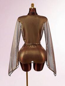 Amplova 时尚紧身网纱深V领蝙蝠袖网纱透视紧身半身裙，搭配细肩带钢圈文胸，两件套，适合派对和假日穿着。 - 鏽棕色 - 查看 2