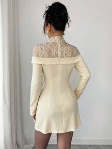 Siren Gaze Women's Elegant Ruched Waist Lace Patchwork Long Sleeve Bodycon Dress Winter Evening Dress Spring - Apricot - View 2