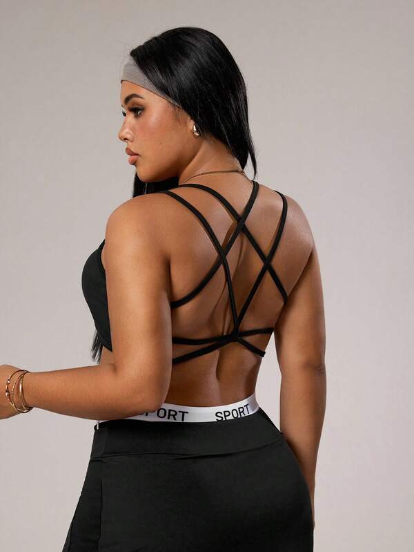 Rhythm Era 1Pc Women's Removable Padded Racerback Sports Bra, Suitable For Yoga, Casual Daily Wear, Plus Size Cross Back Sports Bra Criss Cross Top Curve Athletic Top Curve Activewear Tops Curve Workout Tops Backless Workout Top