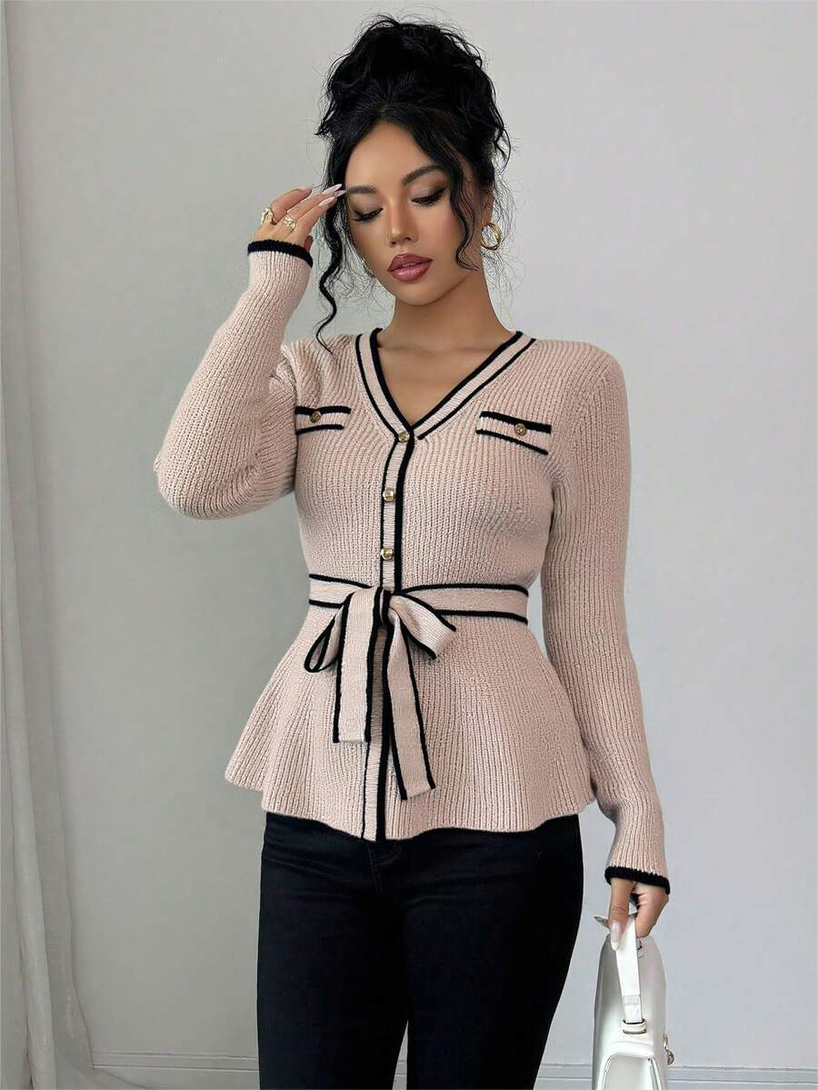 SHEIN Clasi Elegant Women Sweater,Black And White Checkered,Autumn,Ellegant,Office Contrast Color Ribbon & Metal Button Decor V-Neck Waist Fitted Knit Pullover - Apricot - View 1
