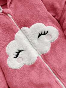 新生女宝宝可爱粉色毛绒卡通图案连帽连体衣，秋冬季 - 粉色 - 查看 6