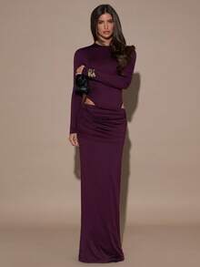 SHEIN BAE 女士纯色圆领褶皱镂空长袖连衣裙 - 紫色 - 查看 3