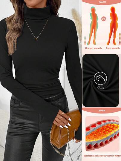 SHEIN Clasi Women's Autumn/Winter Turtleneck Gathered Waist Fleece T-Shirt,Winter Clothes Elegant Long Sleeve Black Top