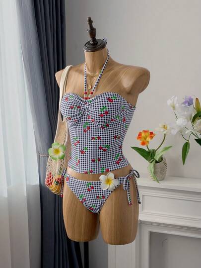 Bellisia Conjunto de 2 piezas de traje de baño con top corto de tirantes y bikini con estampado de cuadros y cerezas para vacaciones de verano y playa
