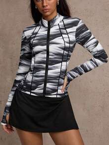 Dewbera Sporty Fashionable Water Wave Print Jacket, Functional Splicing, Slim Fit Stand Collar Thumb Hole Long Sleeve Top Zip Up Active Jacket - Black - View 5