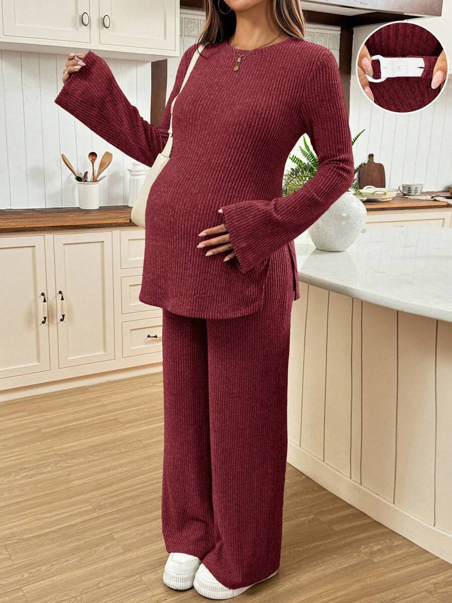 SHEIN 2pcs Maternity Solid Color Split Long Sleeve Top And Pants Casual Set - Burgundy - View 1