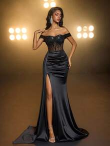 Glamrae 优雅奢华黑色缎面珠绣贴花腰部透视露肩无袖性感开衩亮片美人鱼裙摆女士正式晚礼服 - 黑色 - 查看 2