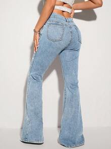 SHEIN ICON Quần jeans ống loe đơn giản, đa năng, có túi đính đá trang trí cho nữ - Rửa nhẹ - Xem 2