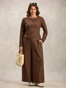 Zelara 2pcs Plus Size Set, Textured Comfortable Fabric Top And Pants Brown Two Piece Set Women Plus Size Co Ord Set - Khaki - View 7