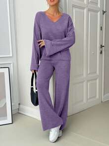 EURMUSE Women V-Neck Flare Sleeve Detailed Sweater And Pant Set - Lilac Purple - View 3