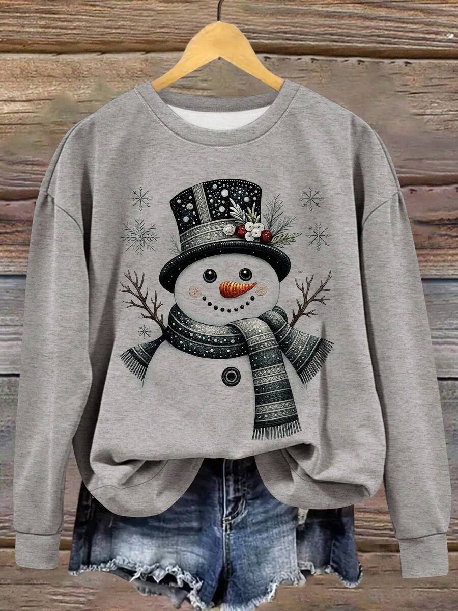 EMERY ROSE Christmas Casual Snowman Print Crew Neck Plus Size Sweatshirt For Women, Autumn Top