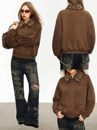 Rina Fox 女式豹纹翻领拉链休闲长袖绒面革夹克