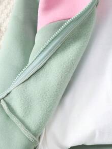2pcs/Set Young Girls Contrast Color Block Hooded Zipper Sweatshirt Sweatshirt And Drawstring Pants Outfit, Autumn/Winter - Green - View 7