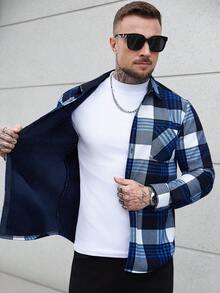 Manfinity CasualCool Men's Casual Plaid Button-Up Long Sleeve Shirt With Pockets, Autumn Blue, Black And White Shirts Men Flannels Shirt