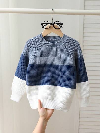 SHEIN Jersey de cuello redondo tejido de manga larga para niños, cómodo para otoño/invierno, diseño de bloques de color en azul y blanco, de moda y versátil para uso casual diario, adecuado para el hogar, salidas, viajes y la escuela