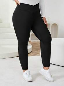 SHEIN CURVE+ 2 Stücke Damen Leggings in Große Größen, schwarz, skinny, hochelastisch, Herbst/Winter Strumpfhosen