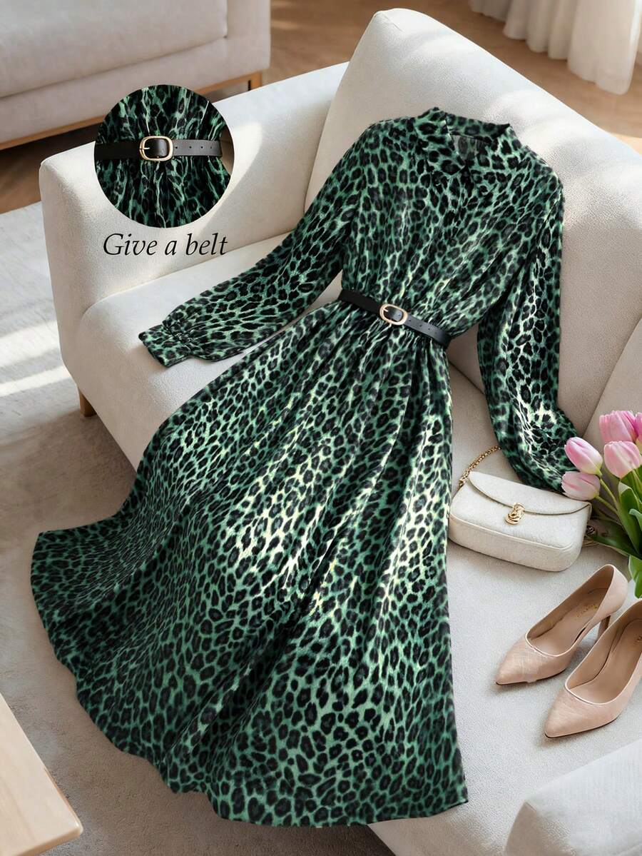 Franclia 女士休闲百搭豹纹连衣裙，配腰带和金属扣，适合春秋季穿着，棕色豹纹连衣裙，衬衫裙，豹纹连衣裙，秋冬叠穿连衣裙，休闲女装 - 墨綠色 - 查看 1