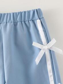 SHEIN 2pcs Baby Girls Blue Butterfly Sequin Decor Knit Crew Neck T-Shirt And Bowknot Waist Knit Pants Set, Fashion Sportswear Outfit, Autumn/Winter - White - View 8