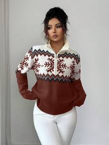 SHEIN Elenzya Áo len khóa kéo họa tiết Fair Isle thanh lịch dành cho nữ, thiết kế Giáng sinh, mùa thu/đông - màu nâu - Xem 6