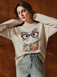 Anewsta Herbst/Winter französischer eleganter lässiger Oversized bestickter Kirsch Katzen Rundhals Pullover, geeignet für Frühling, Sommer, Herbst, Festivals, Feiertage, Urlaub, elegant, Business-Lässig, schick - Aprikosenfarben - Übersicht 5