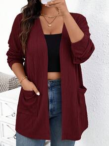 SHEIN Essnce Áo khoác hai túi màu trơn thường ngày cỡ lớn, mùa thu - Màu Đỏ Sâu - Xem 3