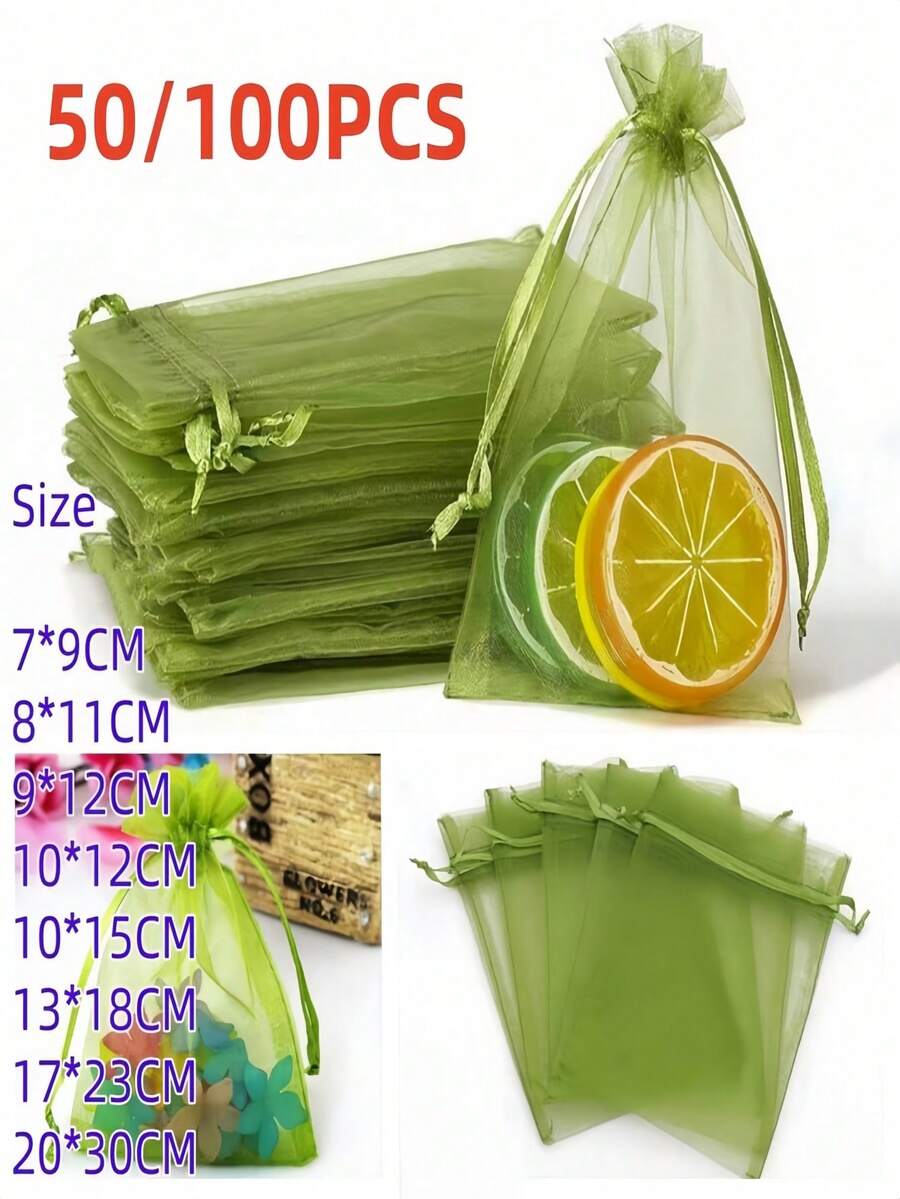 50/100个橄榄绿欧根纱袋 - 多用途包装，适用于礼品、婚礼回礼、派对用品、水果保护和家居收纳