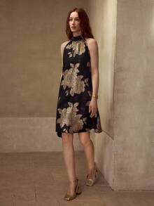 MOTF PREMIUM WOMEN'S ELEGANT JACQUARD TIE BACK HALTER NECK SHORT DRESS - Black and Gold - View 4