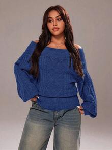 Rustia Plus Size Women's Fashion Casual Off-Shoulder Sweater - Blue - View 1