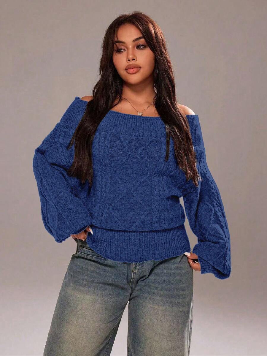 Rustia Plus Size Women's Fashion Casual Off-Shoulder Sweater - Blue - View 1