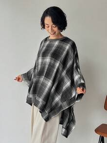FRIFUL 女士格子圆领蝙蝠袖宽松休闲百搭常规外套，秋冬女式大衣 - 彩色 - 查看 3
