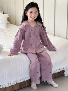 Dazy Kids 2 件套女童休闲长袖上衣和裤子家居服套装，秋季 - 紫色 - 查看 7