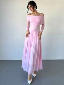 Firerie 女士浅粉色V领露肩长袖褶皱A字长裙，弹性网纱拼接，浪漫婚礼宾客礼服，伴娘礼服，长袖连衣裙，适合春、夏、秋、冬四季穿着，优雅百搭，通勤、约会、派对、婚礼、毕业典礼、演出、工作、返校、年会、生日、假日等场合皆宜。 - 淺粉色 - 查看 12